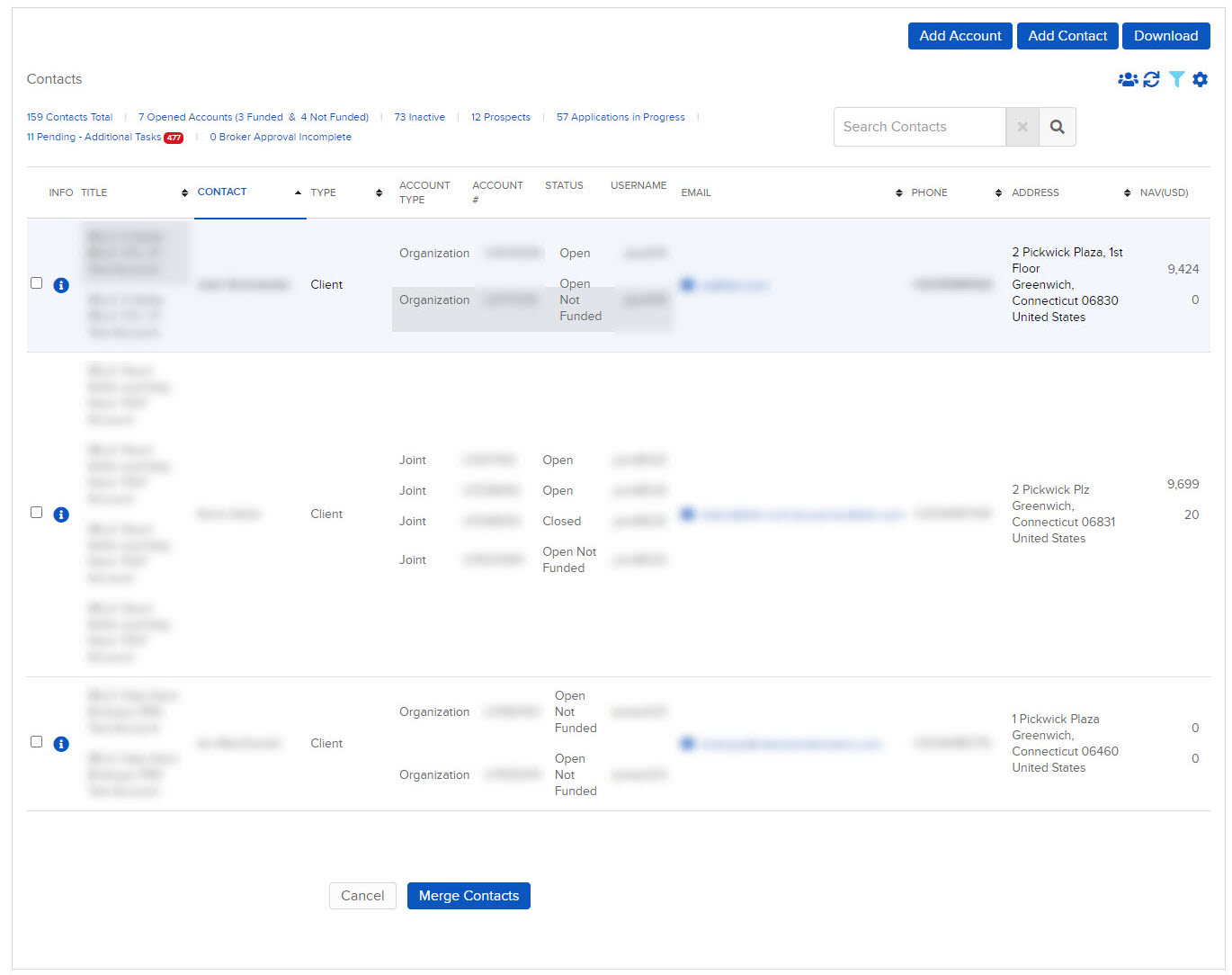 Image of the merge contacts panel in portal. 